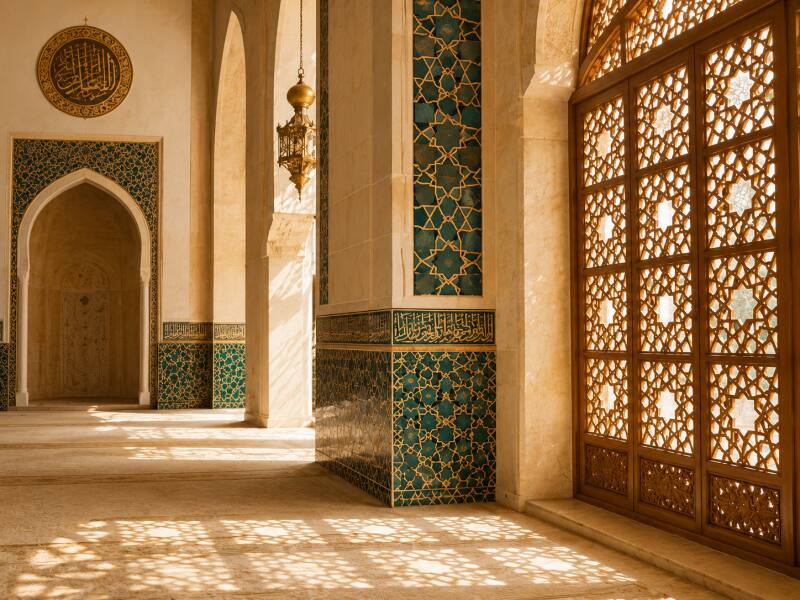 Sunlight through a carved wooden lattice in a mosque with emerald and gold tilework